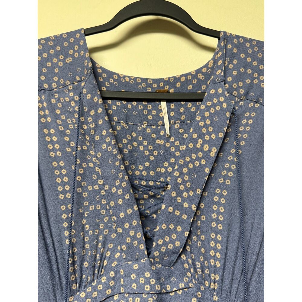 FREE PEOPLE Blue/Tan Modern Kimono Sleeve V-Neck Lace Up Midi/Maxi Dress, Sz 2 - Picture 5 of 16